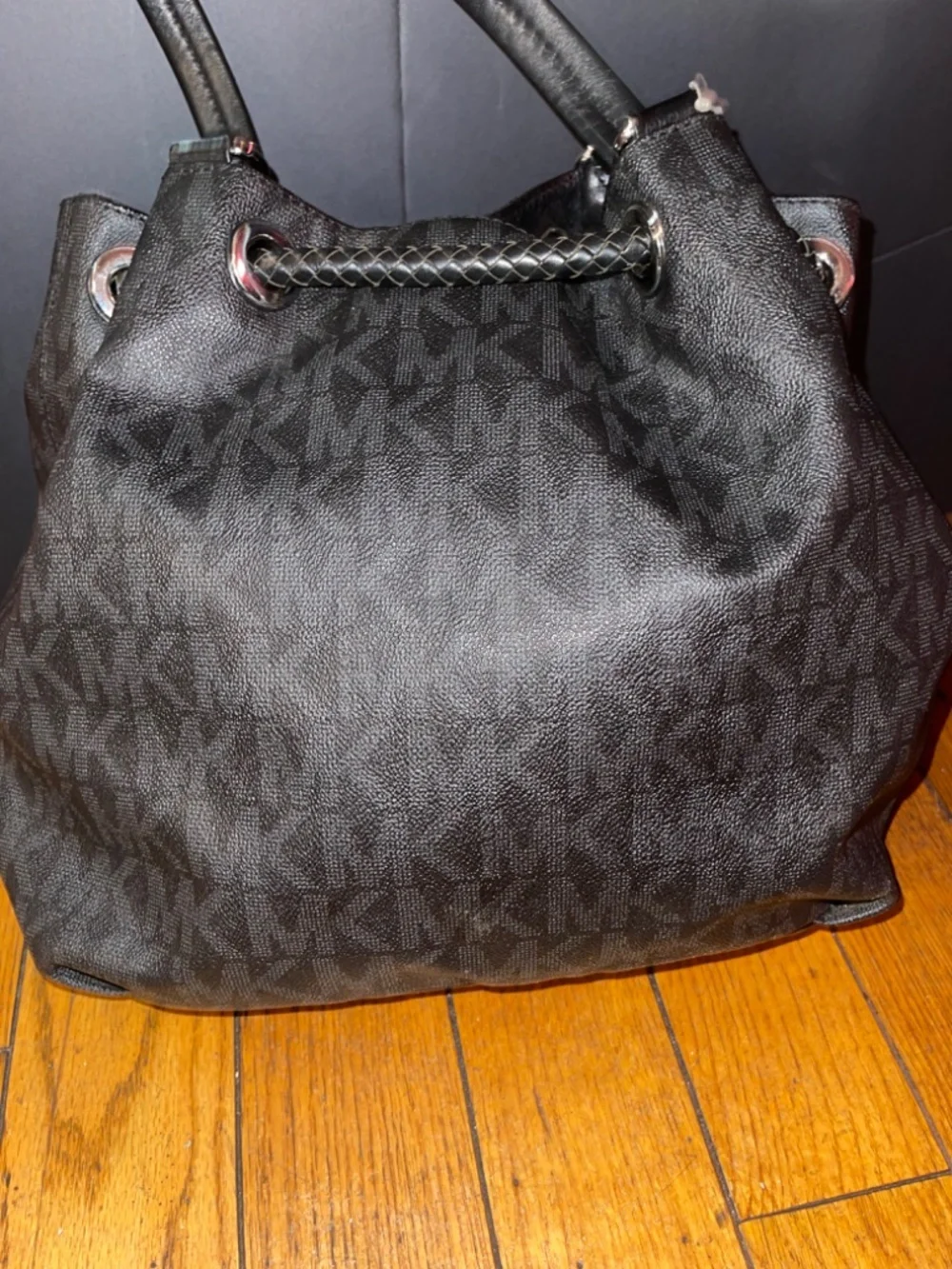 Michael Kors Black Drawstring Tassel Cinch Shoulder Bag.